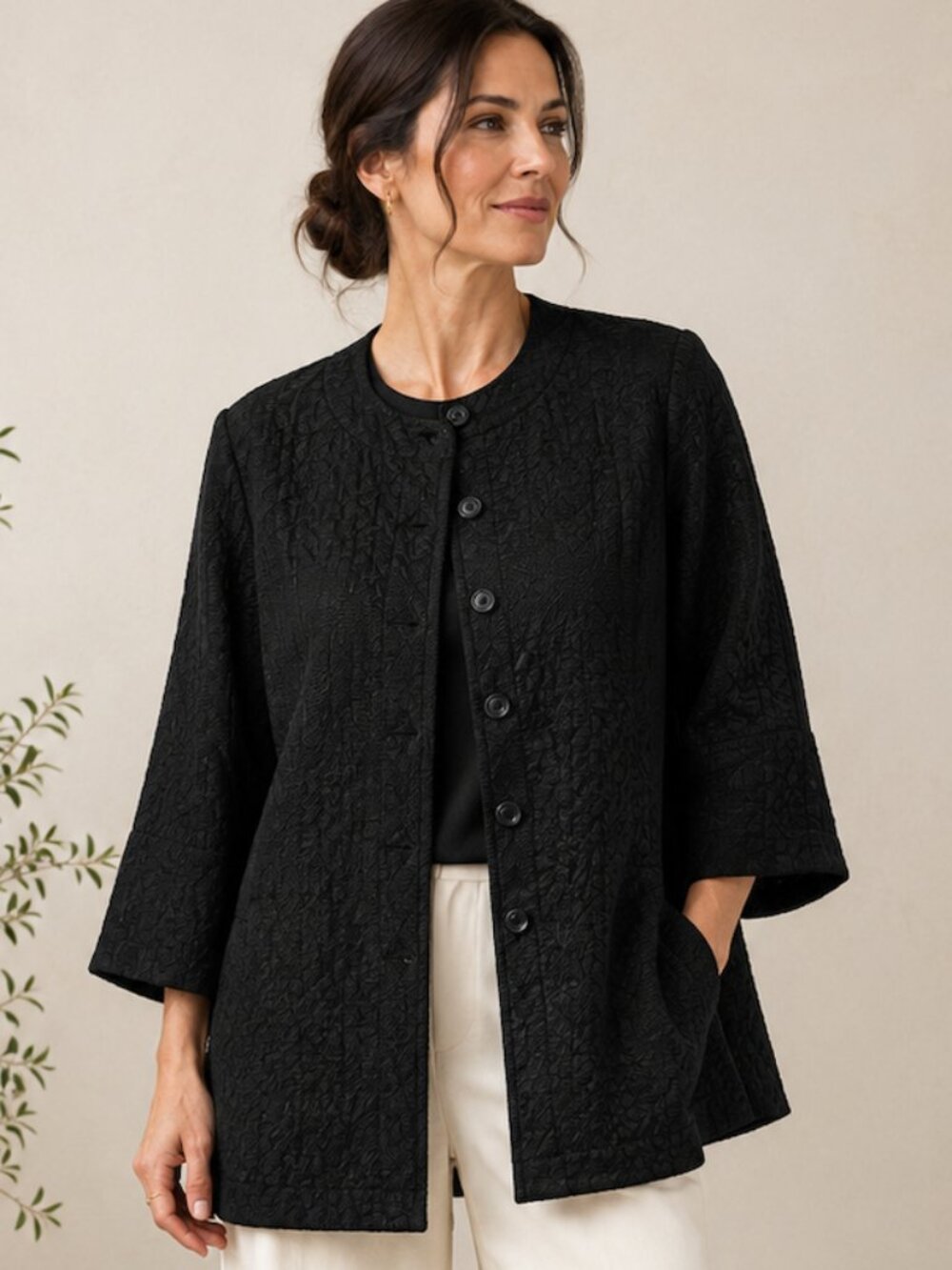 Eileen Fisher Black Textured 100% Wool Jacket Silk Lined Button Front Size L